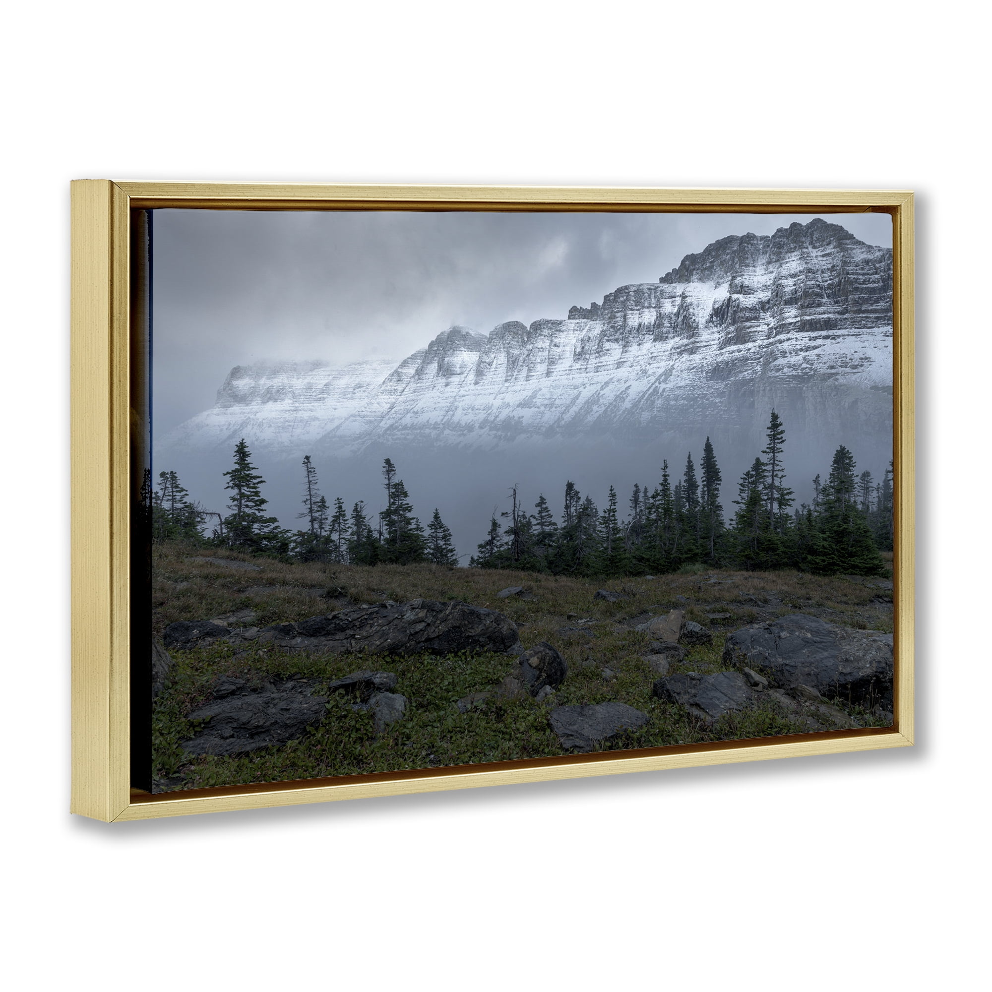 Stupell Industries First Snow Mountains Landscape Photography Gold Floater Framed Art Print Wall Art, 25 x 17