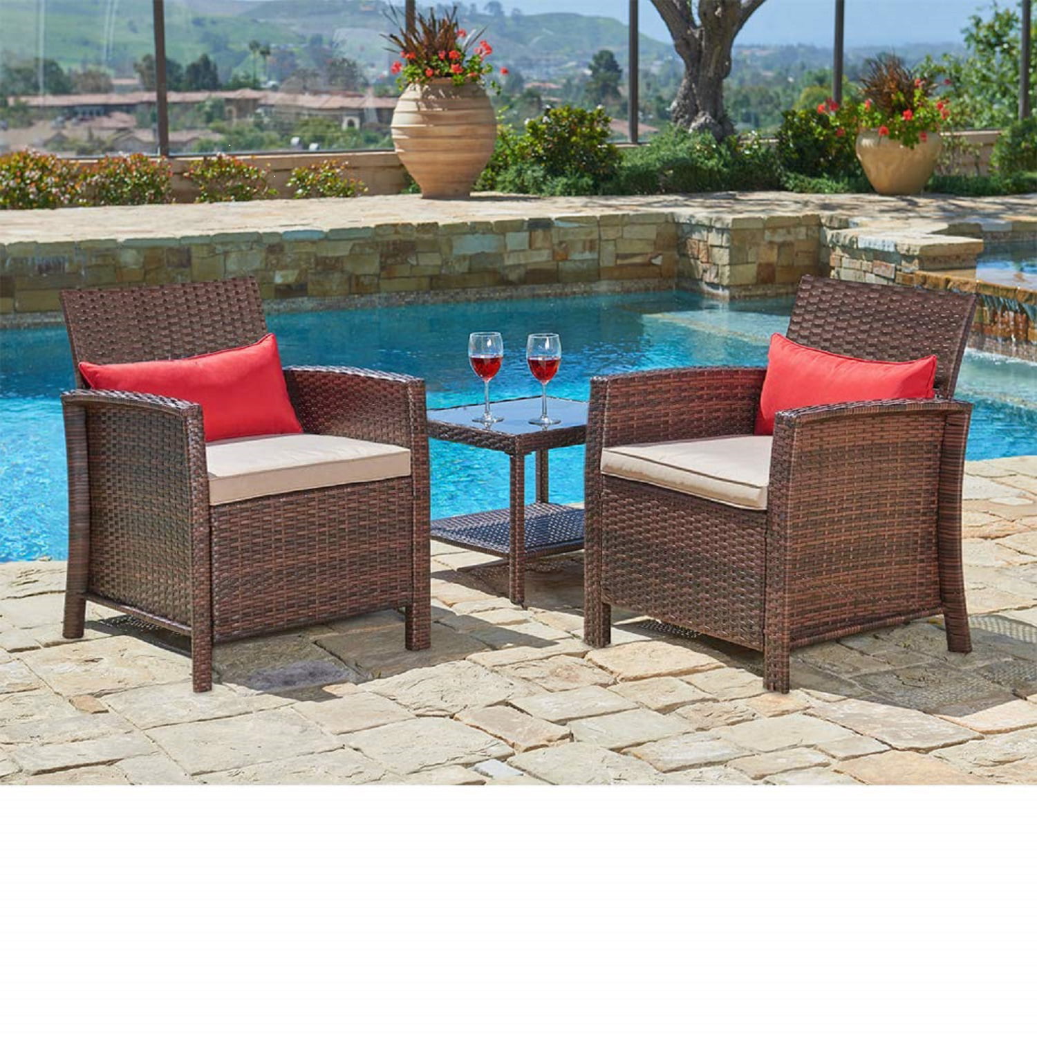 SUNCROWN Outdoor Furniture 3-Piece Patio Bistro Sets Brown Wicker Chairs  with Glass Top Table Set, Thick Durable Cushions with Washable Covers 