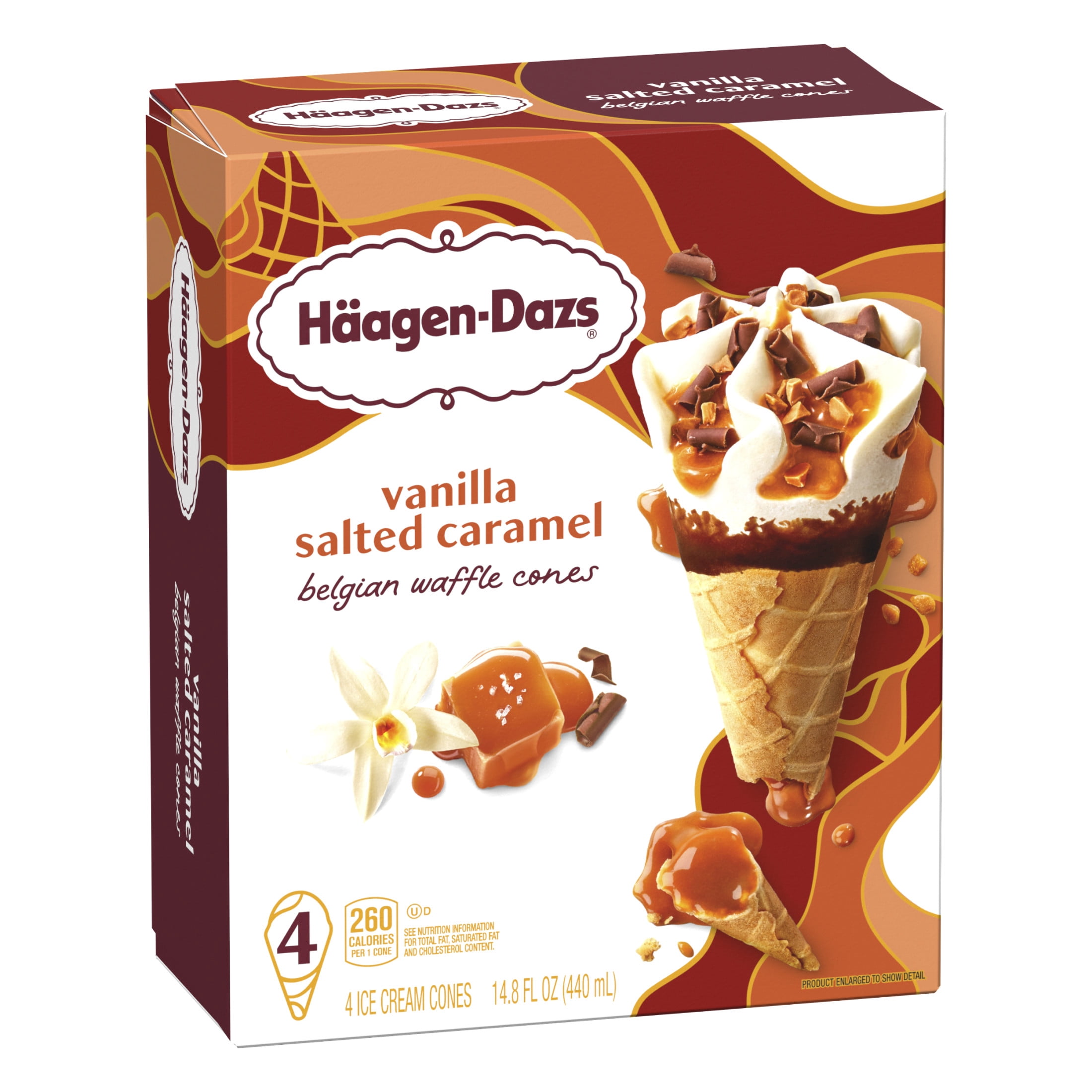 Haagen Dazs Vanilla Salted Caramel Belgian Waffle Ice Cream Cone, 4 Count