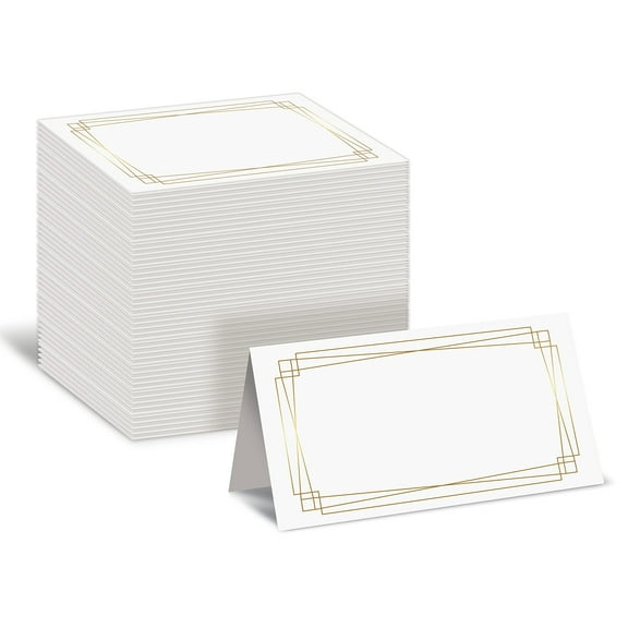 Better Office Products 100 Pack Place Cards, 2 x 3.5 in, White with Modern Metallic Gold Geometric Border, Folded Table Tent Cards for Weddings, Dinner Parties, Buffet Banquets