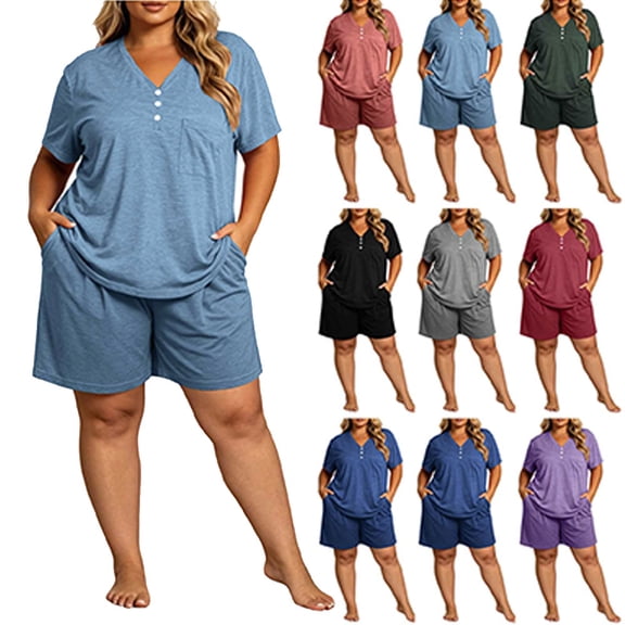 Womens Pajama Sets Dqueduo Women's Plus Size Solid Color Short Sleeve Shorts Pants Casual Home Suit Set