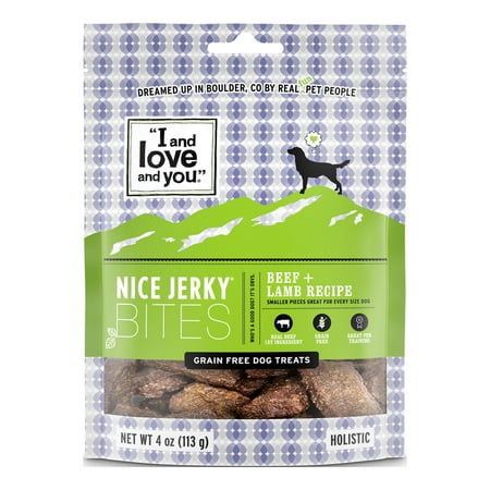 UPC: 0818336012051 | I and love and you  Nice Jerky Bites Dog Treats  Grain-Free Beef + Lamb  4 Oz