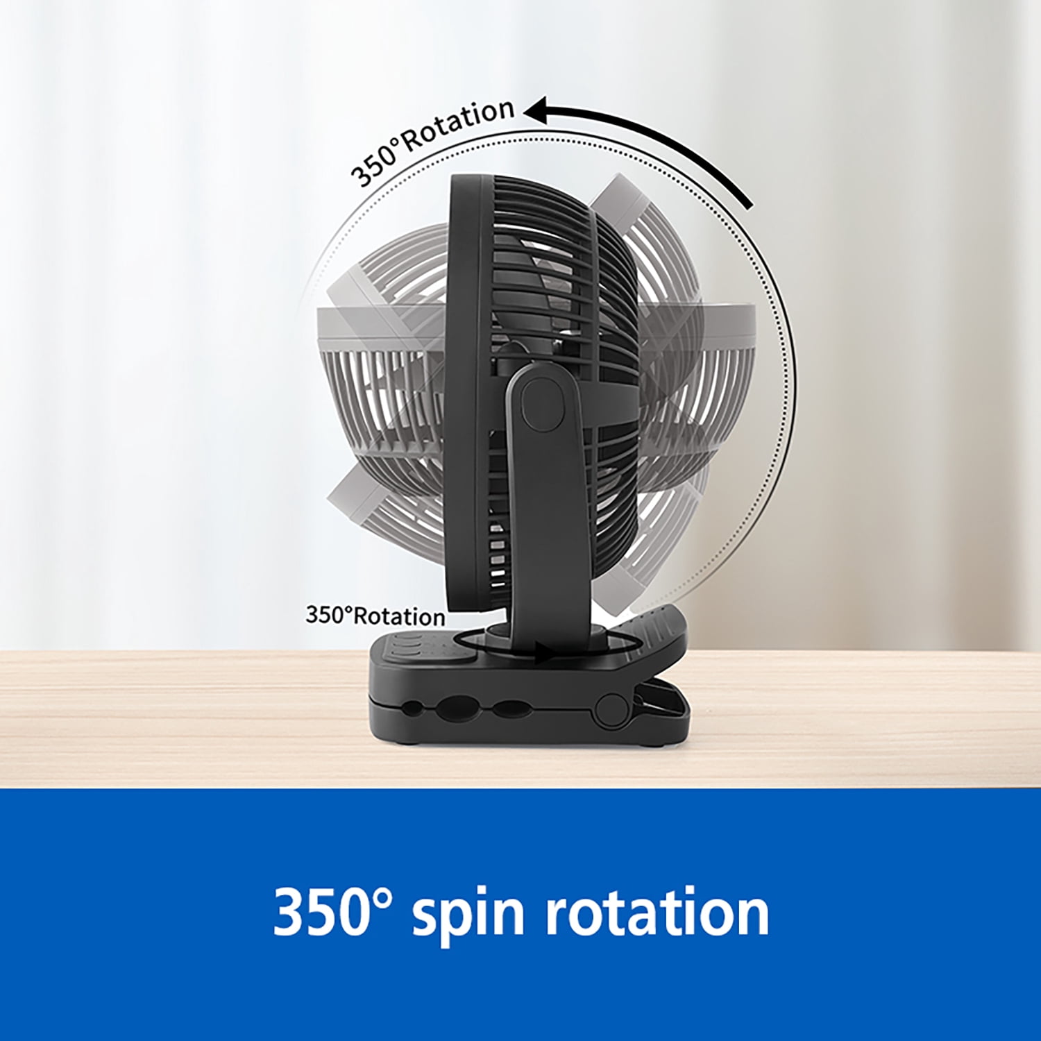Mainstays 7" 4-speed USB Rechargeable Clip and Table Fan, LED Light and 8H Timer, Black, Model#FN1006