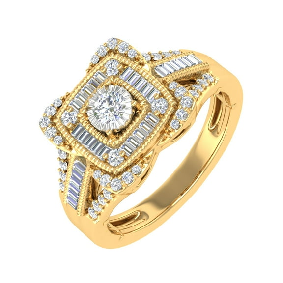 1/2 Carat Round & Baguette Shape Diamond Cushion Shaped Halo Ring in 10K Yellow Gold (Ring Size 5.5)
