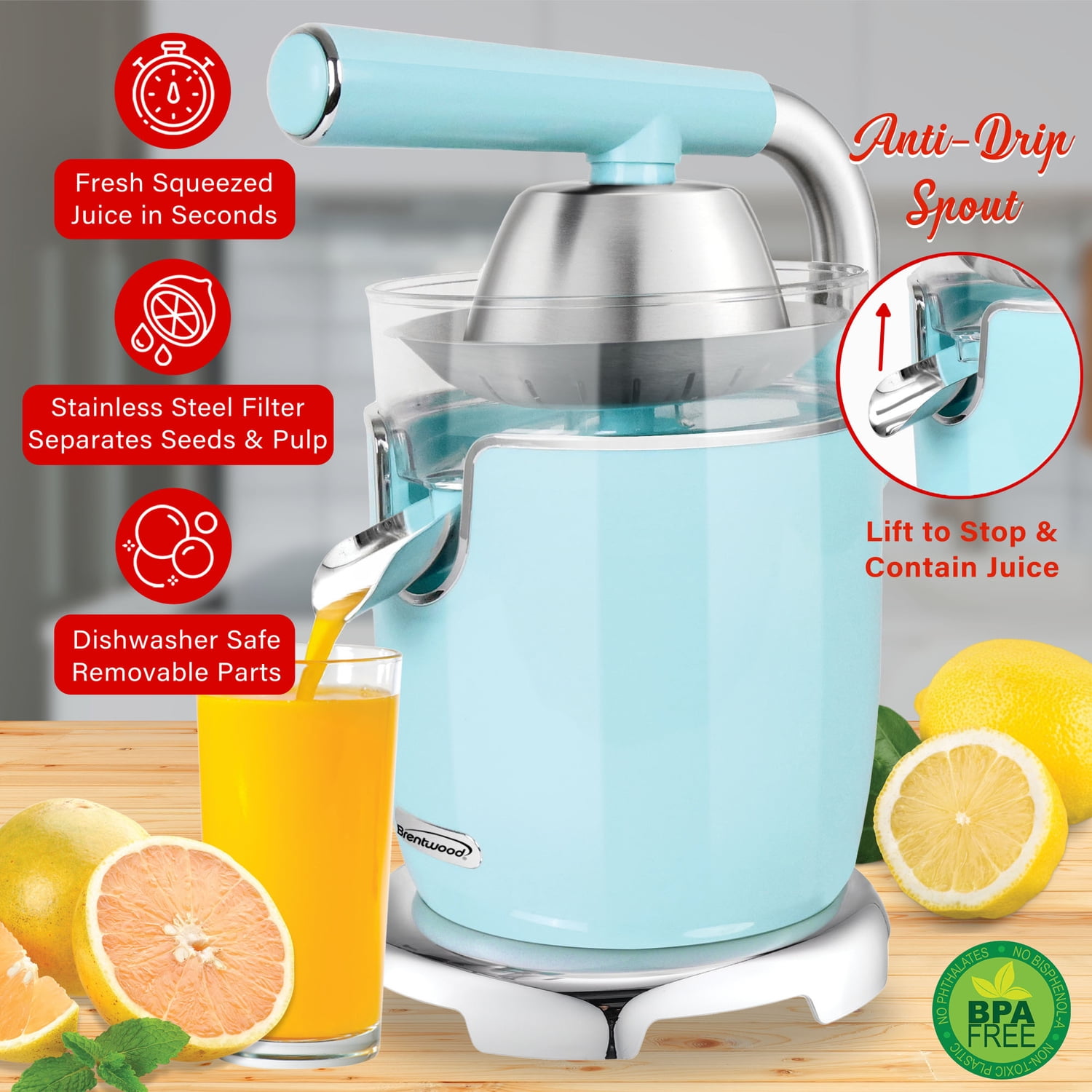 Brentwood 200-Watt 1-Speed Electric Citrus Juicer with 2 Cones and Stainless Steel Lever (Blue), J-28BL