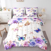 Manfei Cute Cartoon Butterfly 7 Pieces Bedding Comforter Set,Romantic Flower Full Bedding Set,Purple White Blue Fitted Sheet Flat Sheet For Girls Kids,Breathable Home Decor Reversible