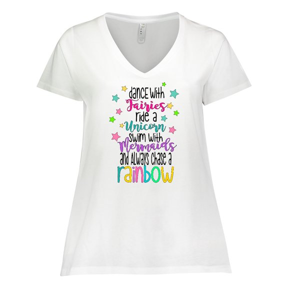Inktastic Dance with Fairies, Ride a Unicorn, Swim with Mermaids Women's Plus Size V-Neck T-Shirt