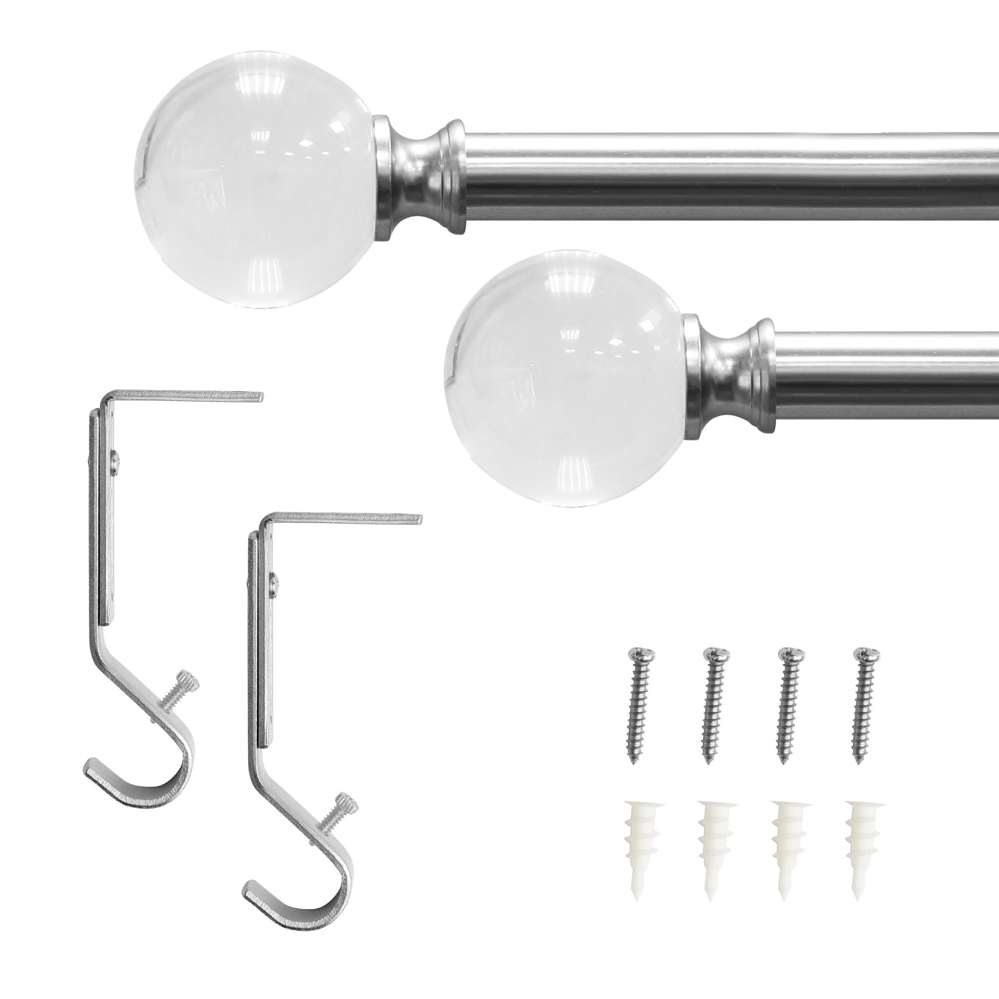 Lumi 3/4" Acrylic Ball Single Curtain Rod Set, Brushed Nickel, 36"-66"