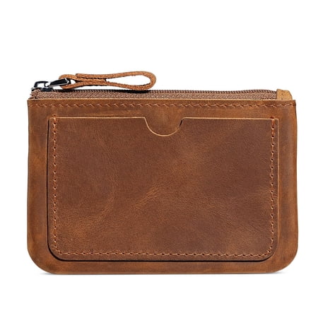 Coin Purse Genuine Leather for Women & Men Vintage Cowhide Small Slim Zipper Card Wallet.
