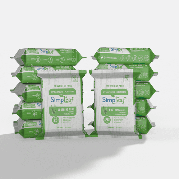 Simpleaf Flushable Wet Wipes | Eco- Friendly, Paraben & Alcohol Free | Hypoallergenic & Safe for Sensitive Skin | Soothing Aloe Vera & Vitamin E Formula | (25-Count) 12 Pack - Bundle and Save