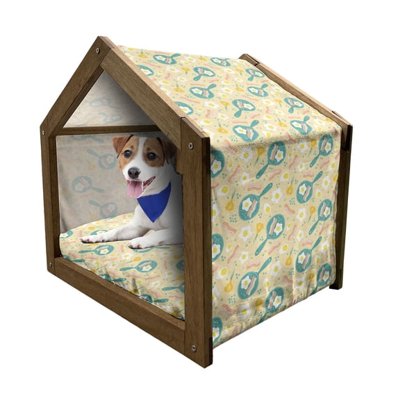 Bacon Pet House, Breakfast Concept with Bacon and Egg Yolk at Pan with Onion and Beans Illustration, Outdoor & Indoor Portable Dog Kennel with Pillow and Cover, 5 Sizes, Multicolor, by Ambesonne