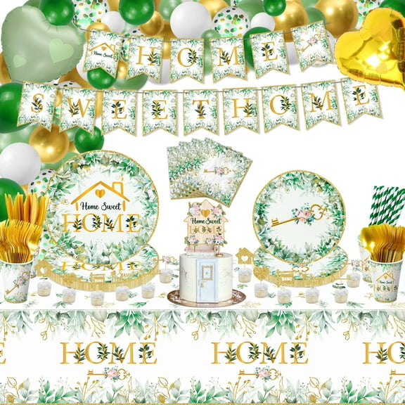 241 Pieces Housewarming Party Decorations - Including House Party Plates, Napkins, Cups, Balloons, Birthday Banner, Cake Topper and Tablecloth for Welcome Home New Home Decoration Supplies