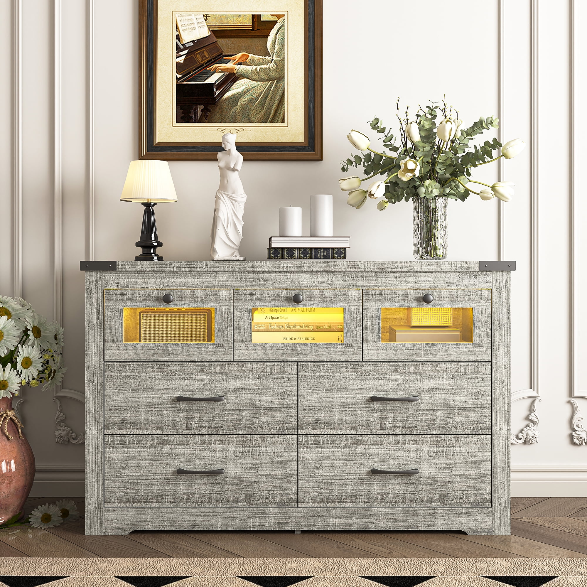 Resenkos Farmhousetic Wooden Led 7 Drawers Dresser for Bedroom, Industrial Gray Chest of Drawers Resenkos Farmhousetic Wooden Led 7 Drawers Dresser for Bedroom, Industrial Gray Chest of Drawers