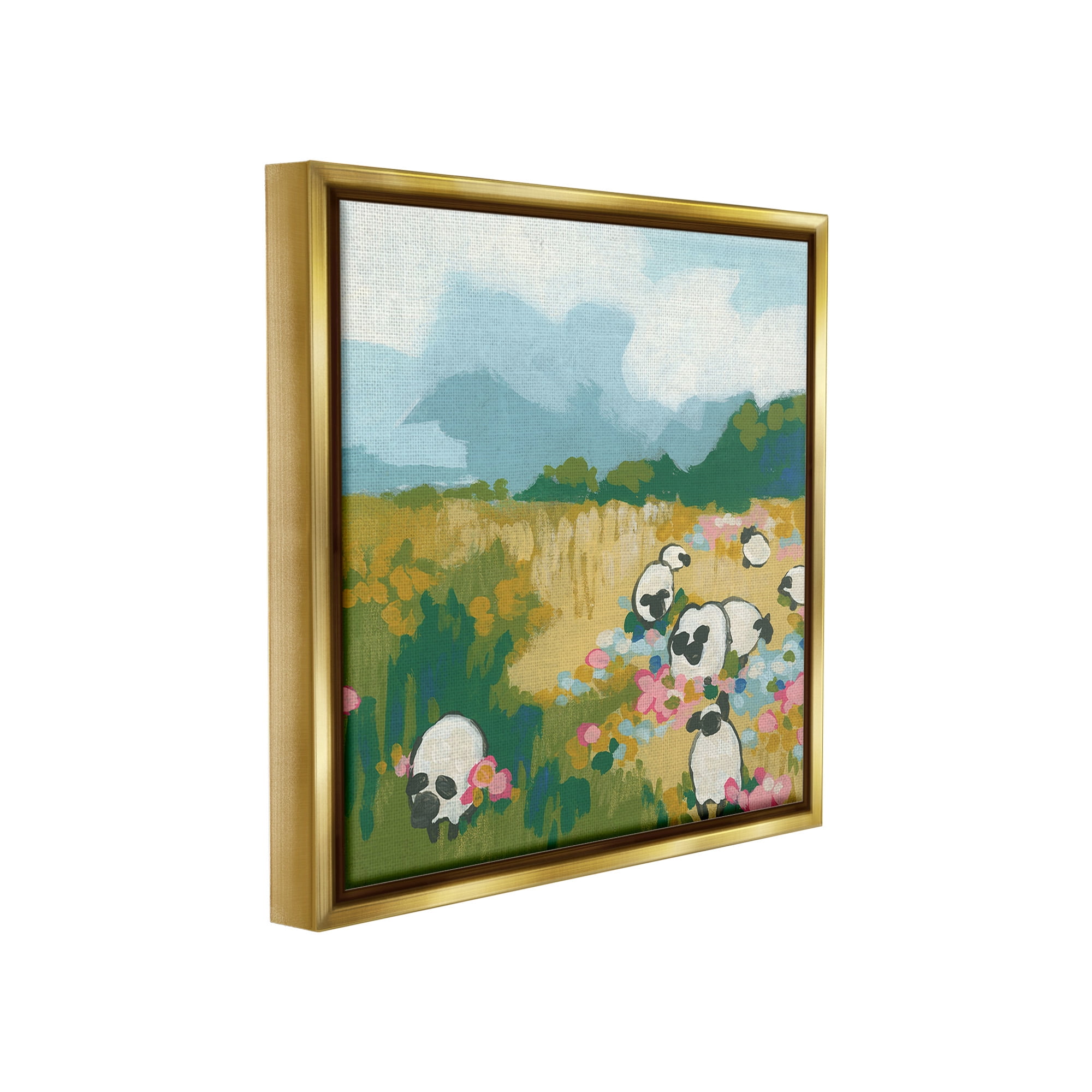 Stupell Industries Abstract Sheep & Flowers Landscape Painting Gold Floater Framed Canvas Art Print Wall Art, 18 x 18