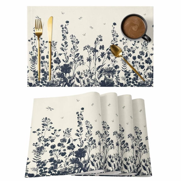 Navy Botanical Placemats Set of 12 Blue Dragonfly Flower Leaf Retro Style Place Mats Indoor Wipeable Table Mats Washable Cloth Dining Table Placemats for Kitchen Holiday Party Home Decor 13x19 Inch