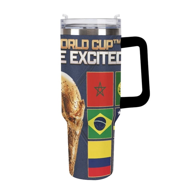 Copa Mundial de la FIFA Vaso aislado de acero inoxidable con asa, diseño temático, regalo para familia, amigos y fans; incluye pajita y encaja en el portavasos estándar, 40 oz