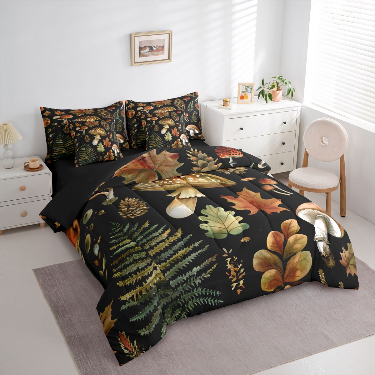 Homewish Country Fungus Mushroom 7-Piece Twin Bedding Sets,Autumn Maples Leaves Bedding Comforter Set,Rustic Plant Sheet Sets For Men Women,Super Cozy Room Decor Reversible