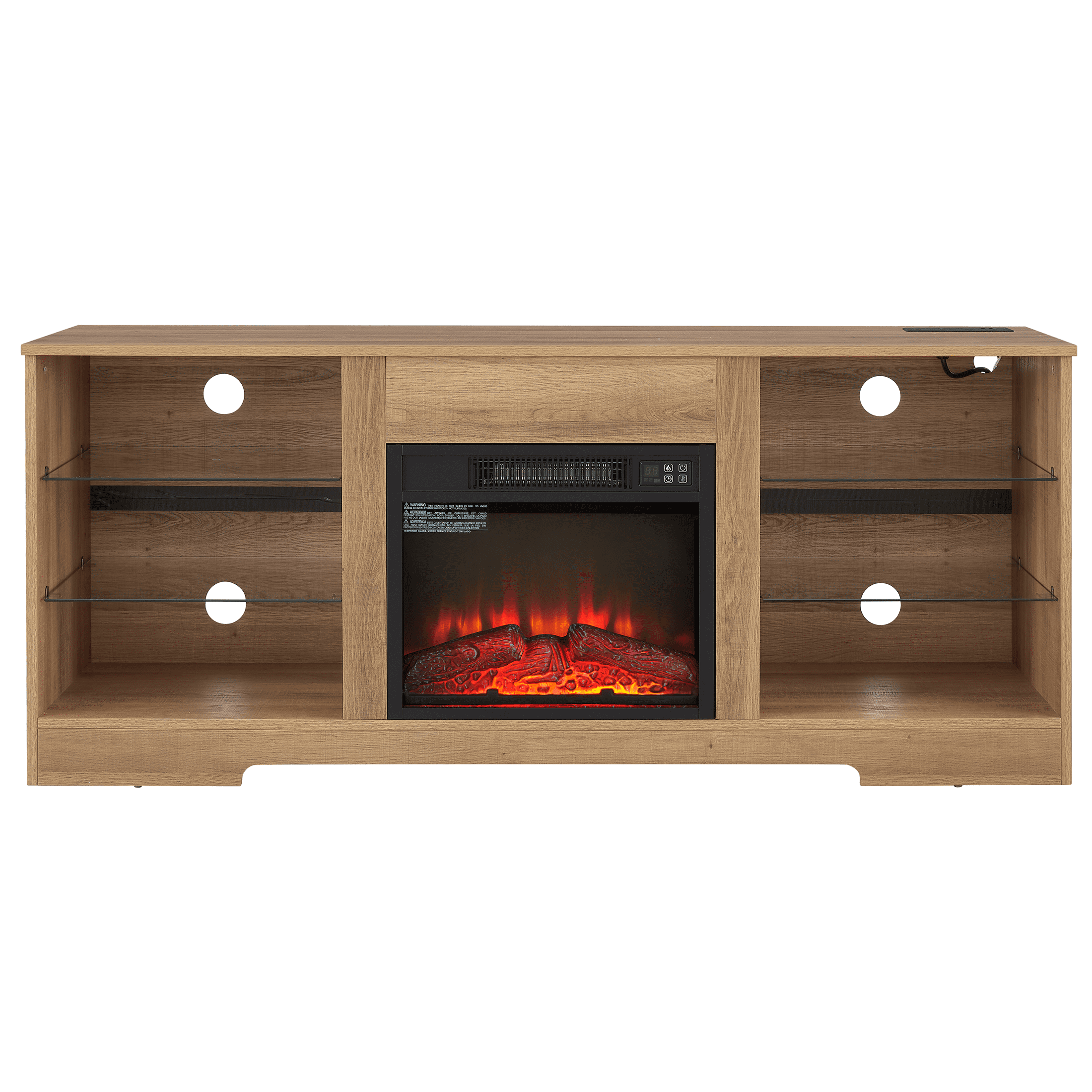 SESSLIFE Fireplace TV Stand for 65 Inch TV, Farmhouse TV Stand with Storage Shelves, Entertainment Center with 3D Flame Electric Fireplace Heater, Oak