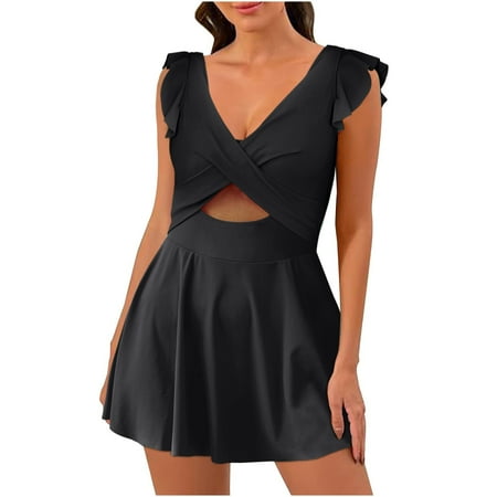 Women s One Piece Swimsuit Ruffle Cutout Swimdress Tummy Control V Neck Wrap Bathing Suit High Cut Swimwear Black L Clearance