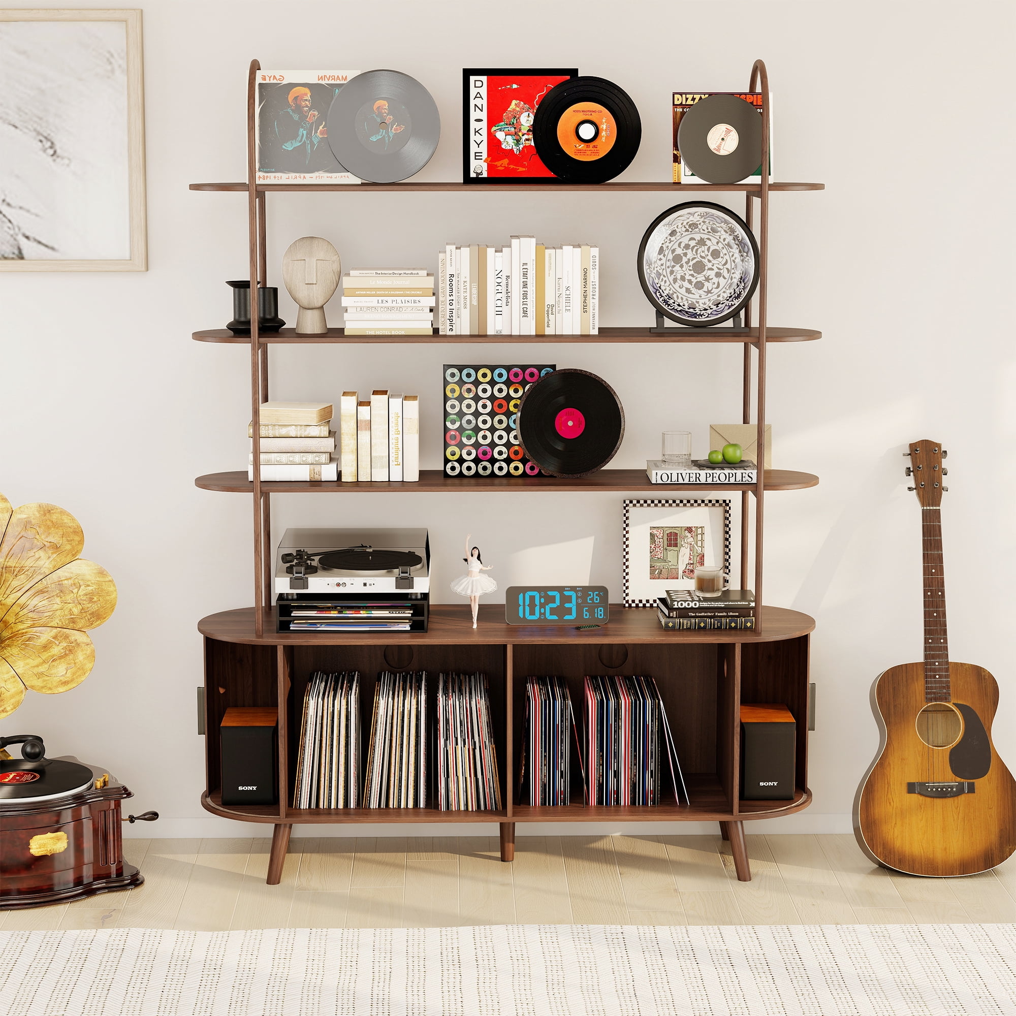 Tall Large Mid Century Modern Bookshelf with with Sliding Tambour Doors, 4-Tier Open Display Storage Shelf, Vinyl Record Player Stand for Home Office, Living Room, Walnut