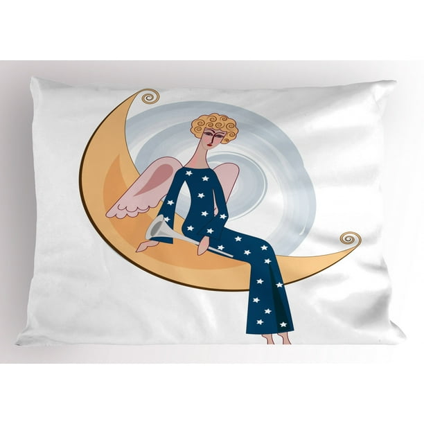 Angel Wings Pillow Sham, Archaic Woman with Trumpet Sitting on Crescent