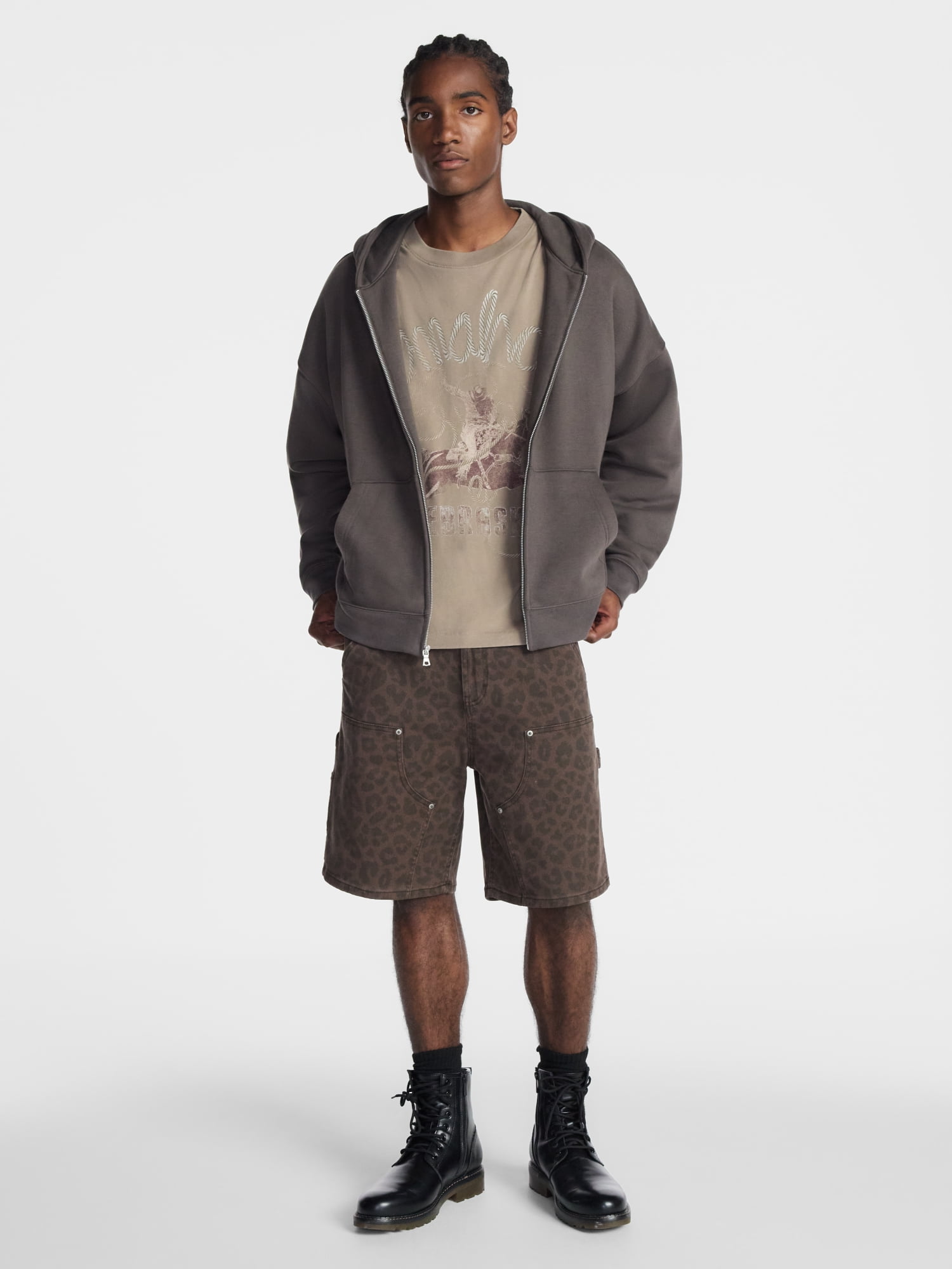 No Boundaries Boxy Oversized Fit Fleece Zip Hoodie Sweatshirt with Long Sleeves, Men's XS-4XLT