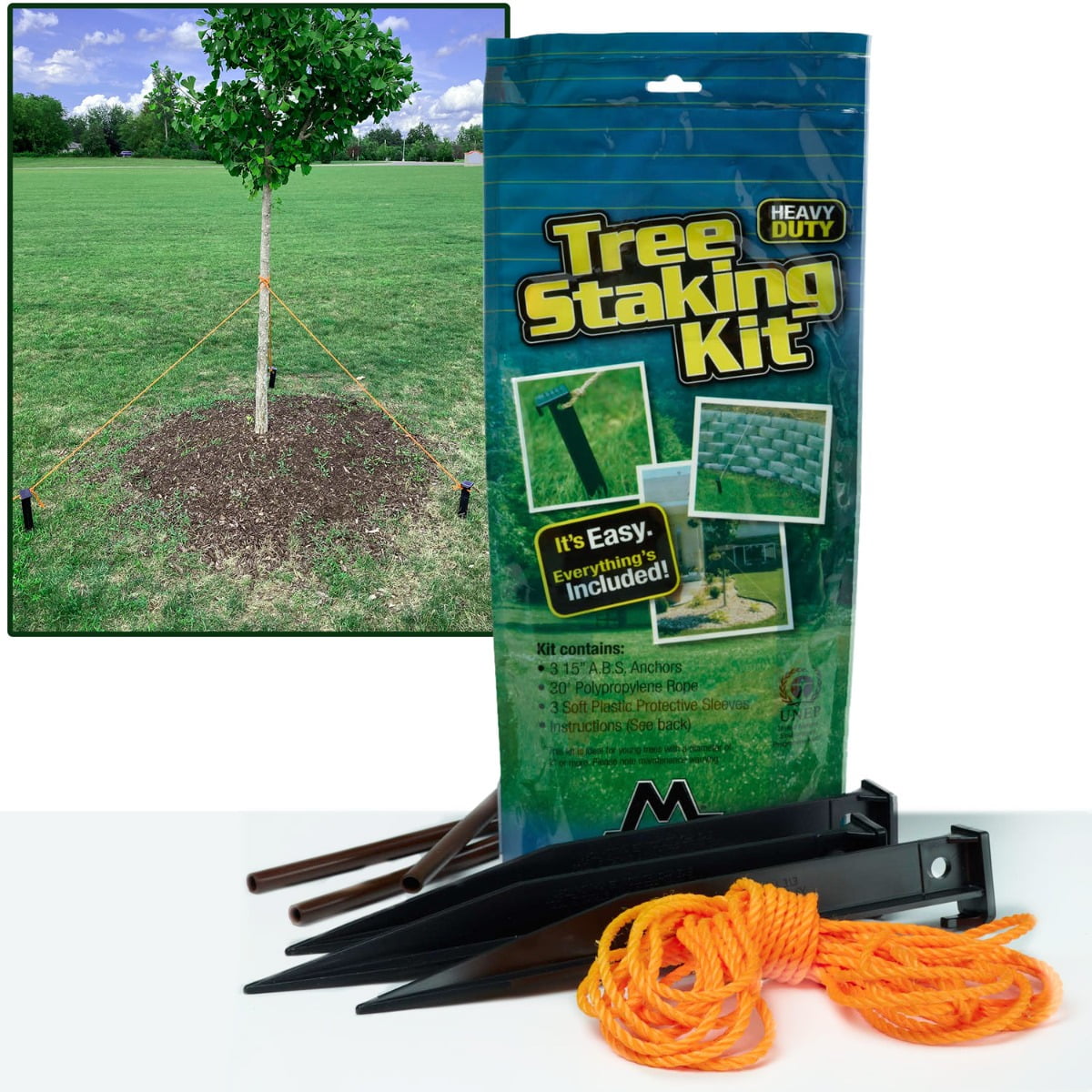 Heavy Duty Tree Staking Kit with Anchoring Stakes, Rope and Protective Sleeves