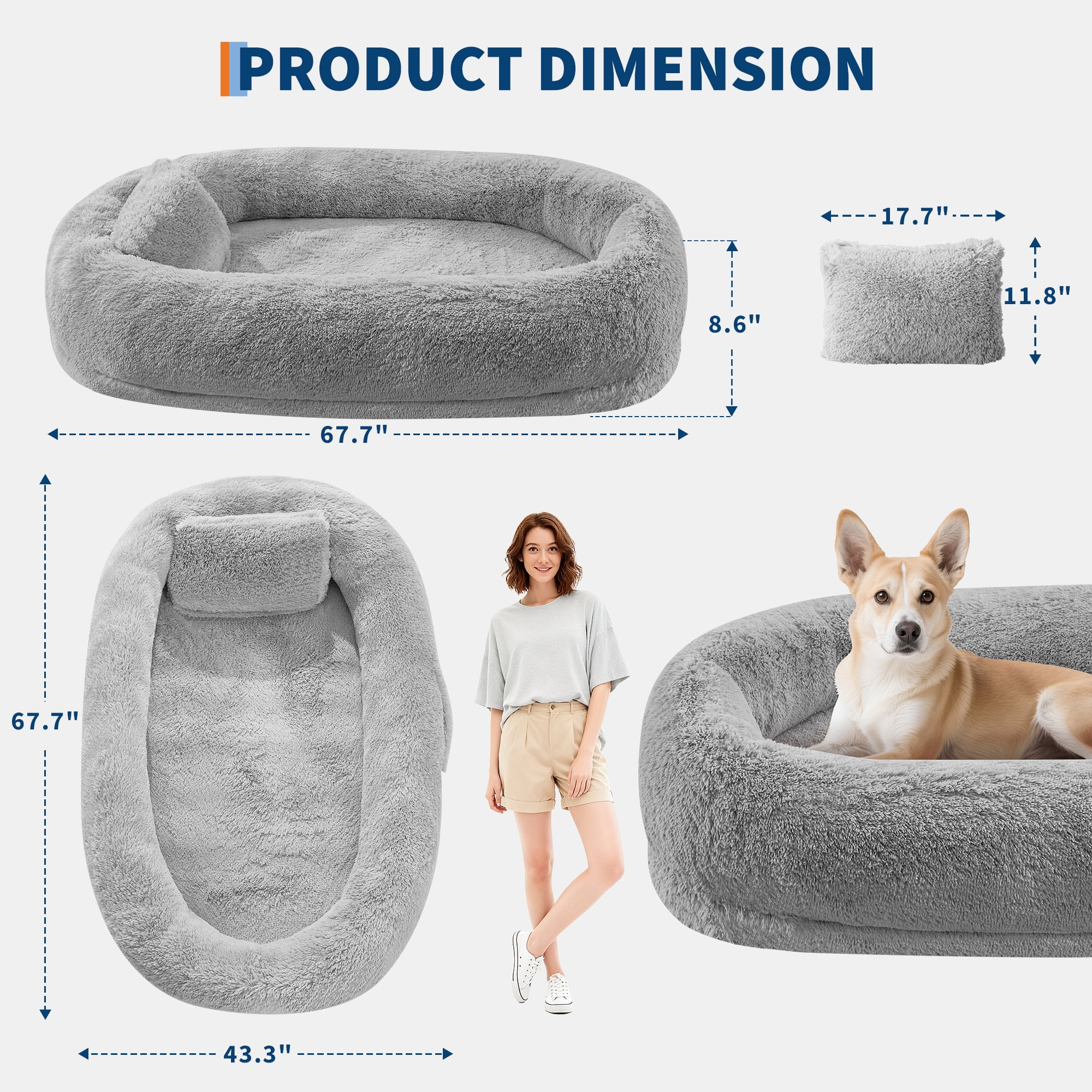 Huisuilinss 67" Human Dog Bed For Adult & Pets,Removable Faux Fur Dog Bed With Pillow,Side Pockets,Egg-Shaped Orthopedic Foam,Human Sized Dog Bed For Living Rooms Bedrooms Offices