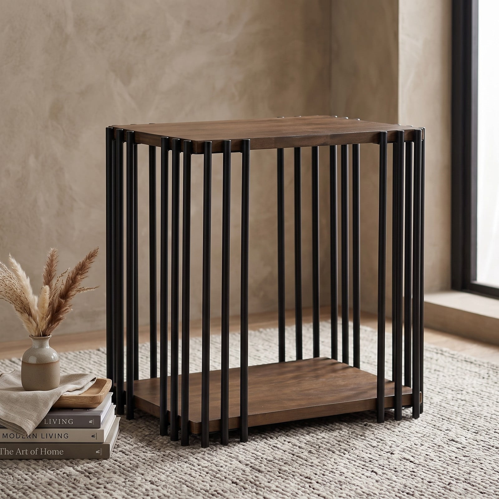 Furnibear Rubber Wood Side Table, 2-Tier End Table with Storage Shelf and Sturdy Metal Frame for Living Room Bedroom, Compact Nightstand Sofa Accent, Walnut and Black