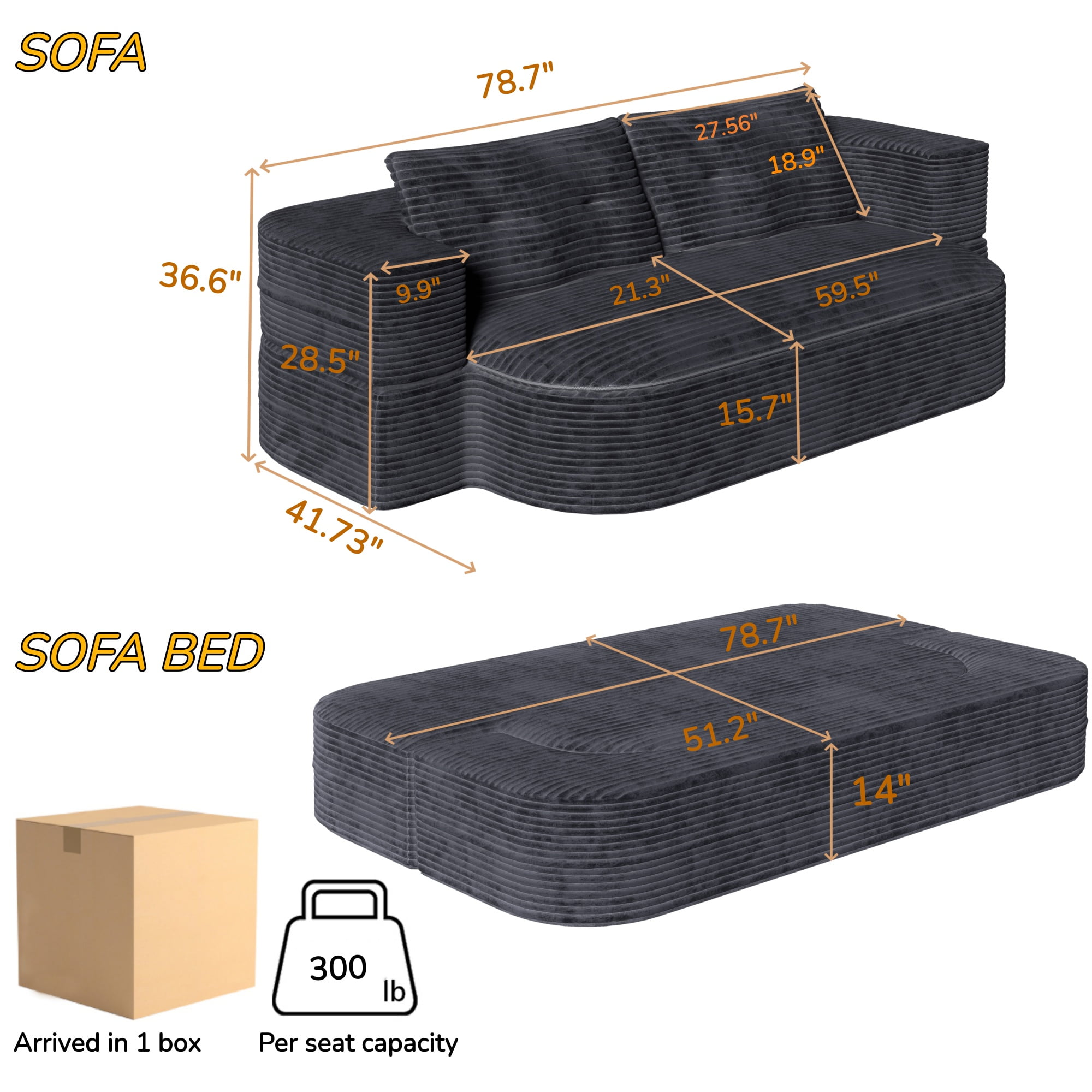 NeoKo 78" Full Size Floor Sofa, Folding Queen Sleeper Couch, Futon Loveseat Sofa, Corduroy Boneless Loveseat Couch, Fold Mattress Bed for Living Room, Guest Use, Office, Apartment, Dark Grey