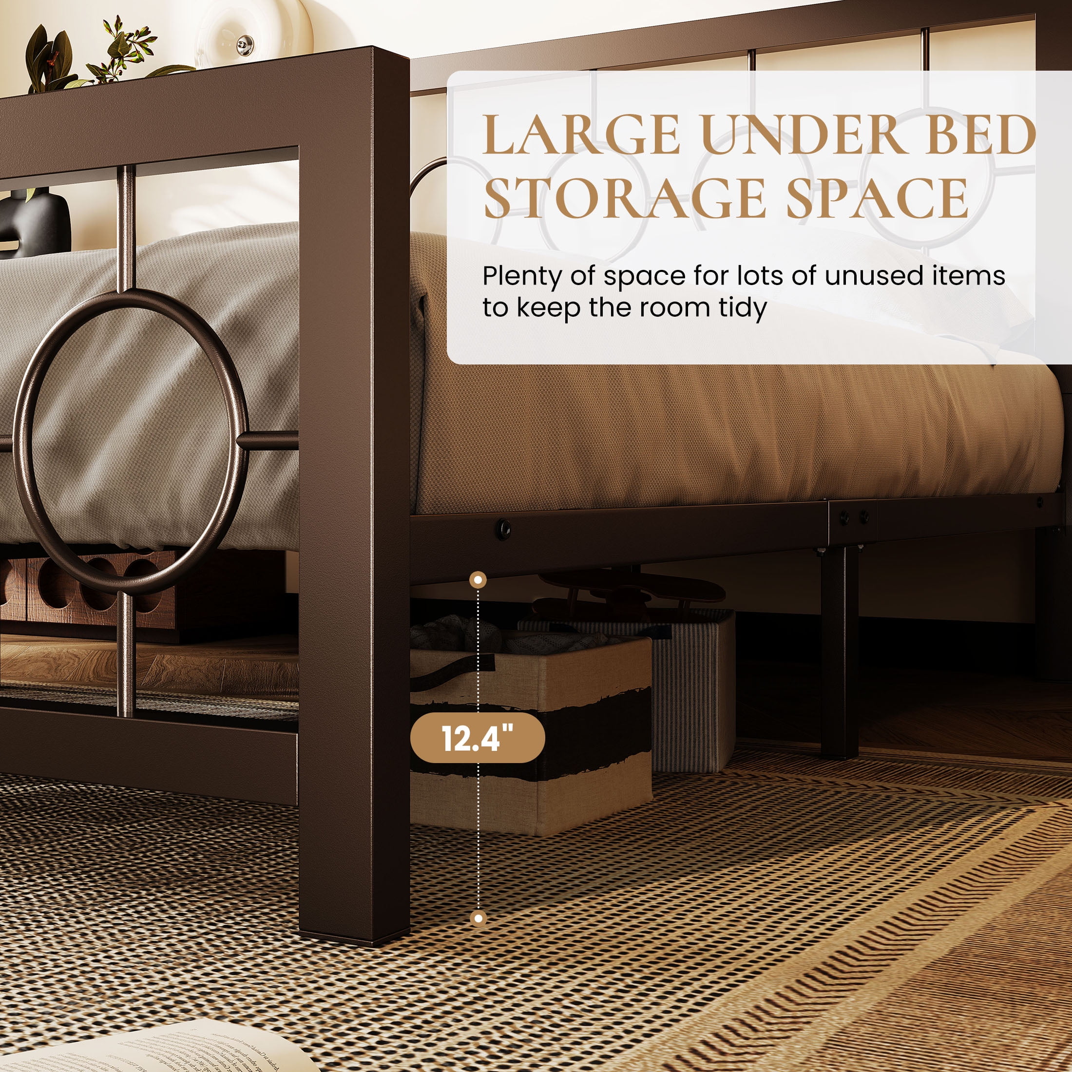 Amolife King Size Bed Frame, Heavy Duty Metal Platform Bed with Vintage Circular Headboard & Footboard, Brown