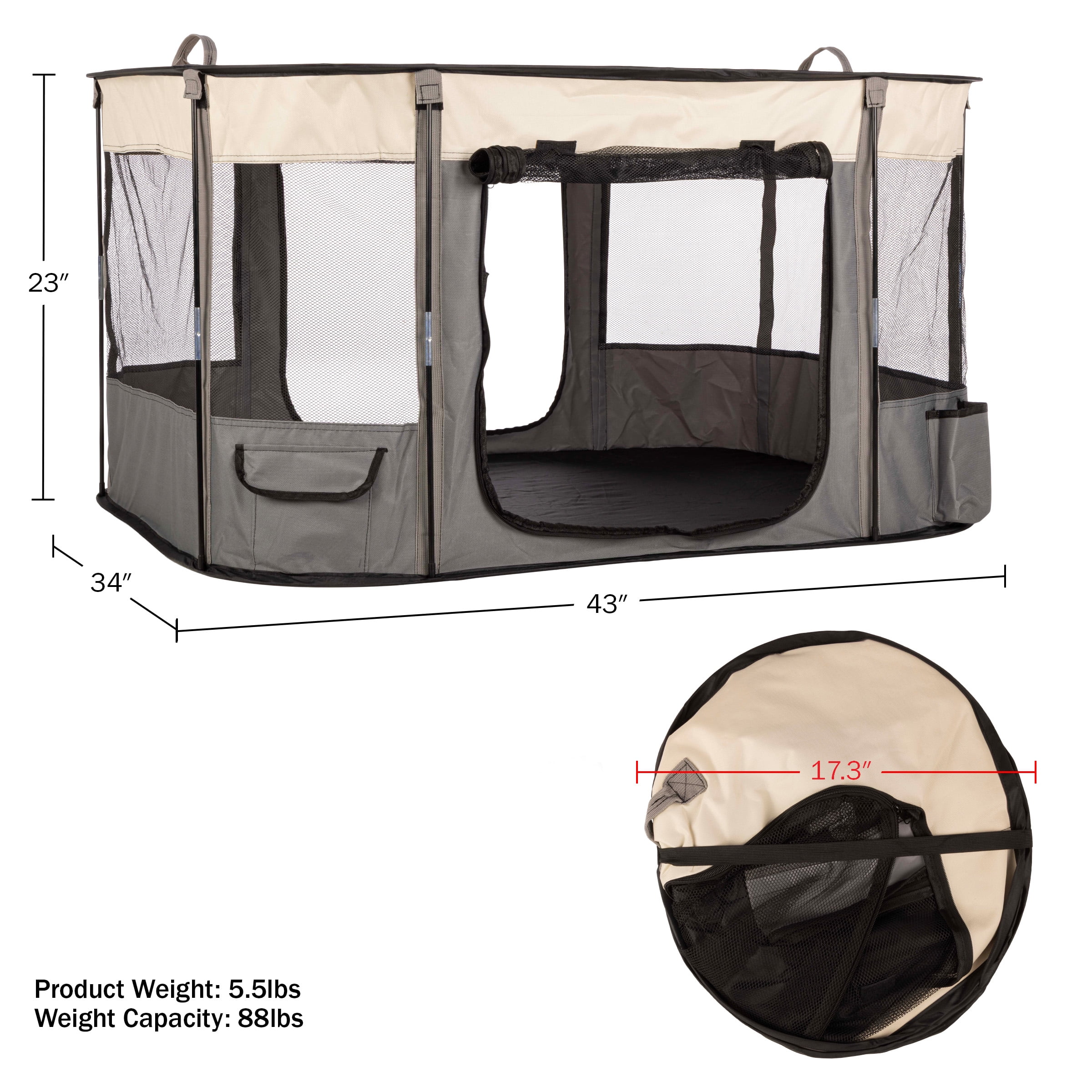 PETMAKER 43x34x23in Dog Playpen with Mesh Windows and Zippered Doors (Gray)