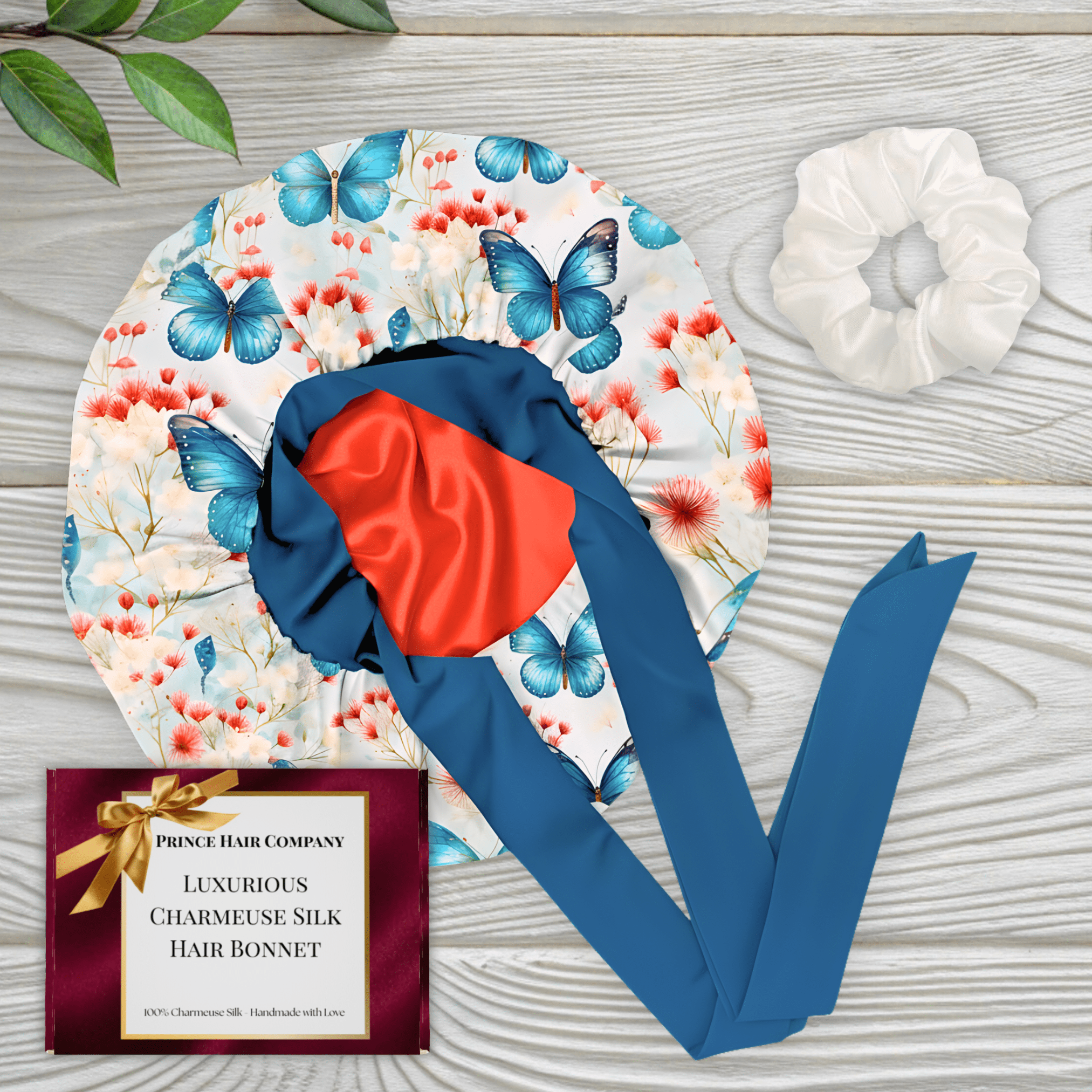 Prince Hair Company Premium Handmade Silk Satin Sleep Bonnet, Butterfly Bloom, L/XL, Gift Set