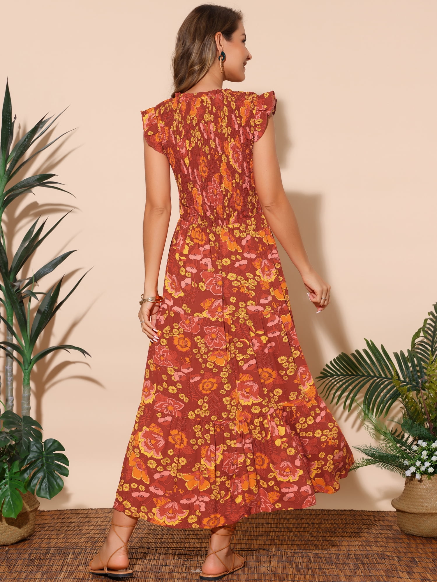 DARING DIVA V Neck Smocked Ruffle Tiered Maxi Dress M Brick Red