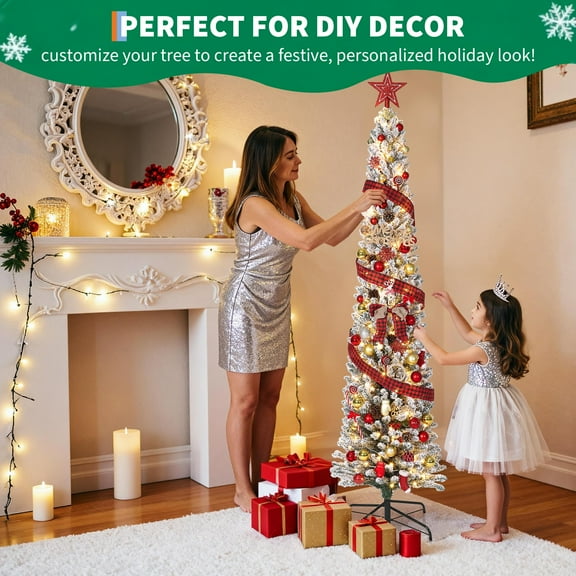 CazToi 7.5ft Pre-Lit Snow Flocked Pencil Christmas Tree Slim Artificial Holiday Decor for Home Office