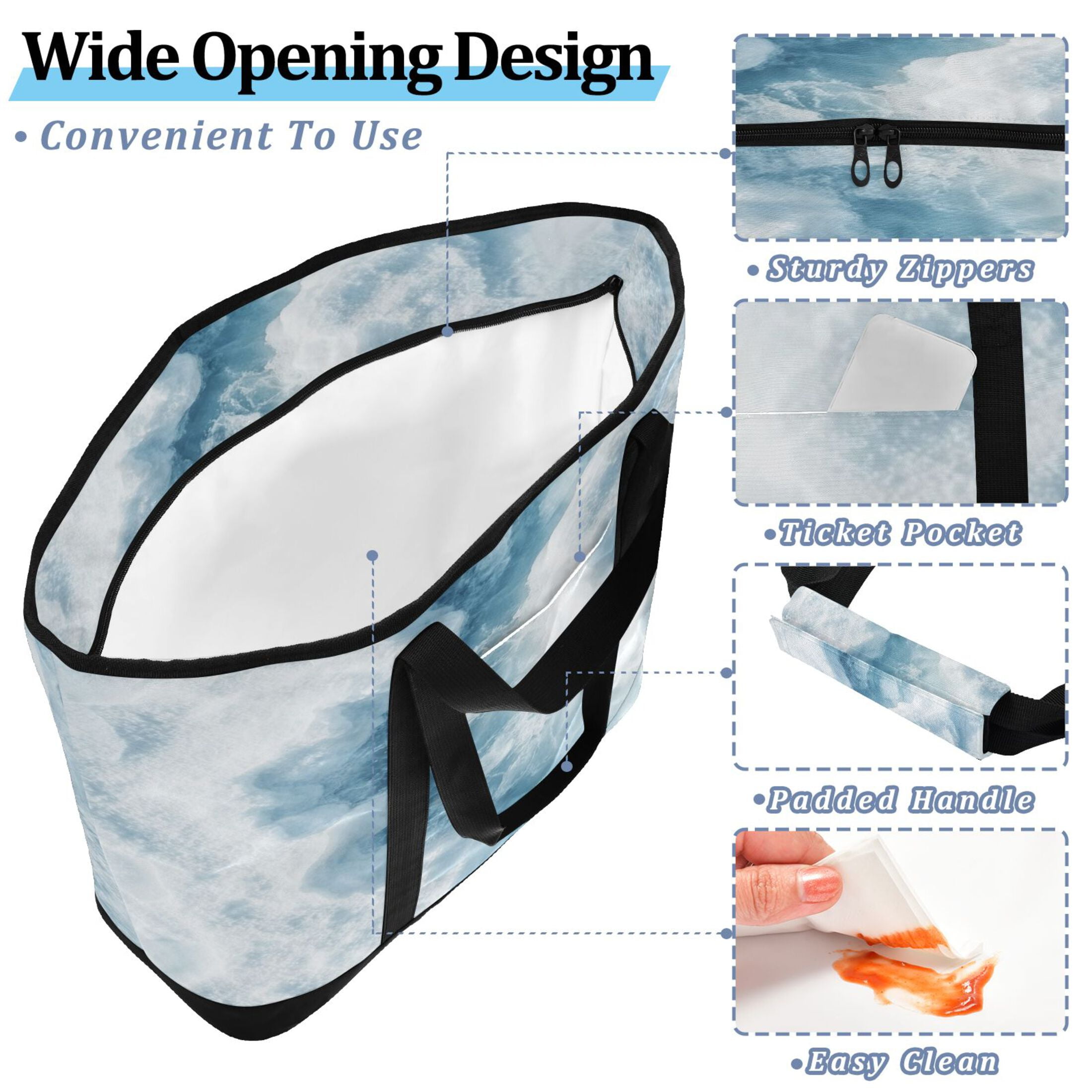 Large Hand-held Ice Pack Picnic Bag Insulation and Refrigeration Suitable for Shopping Picnics and Camping White Ocean Pattern