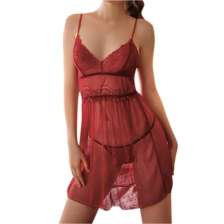 

Puntoco Plus Size Nightdress Clearance Women s Deep V Mesh Lace Perspective Suspender Nightdress Home Two Piece Set Red L(L)
