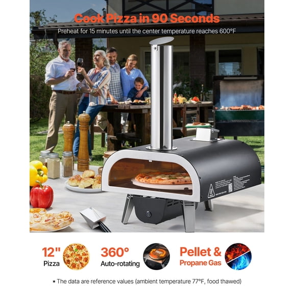 Dual Fuel Pizza Oven Outdoor,12 in Wood Fire&Propane Gas Pizza Oven,Pellet&Propane Pizza-Maker with Thermometer,Iron Spray Electric Rotation Pizza-Cook for Outside Camping&Backyard
