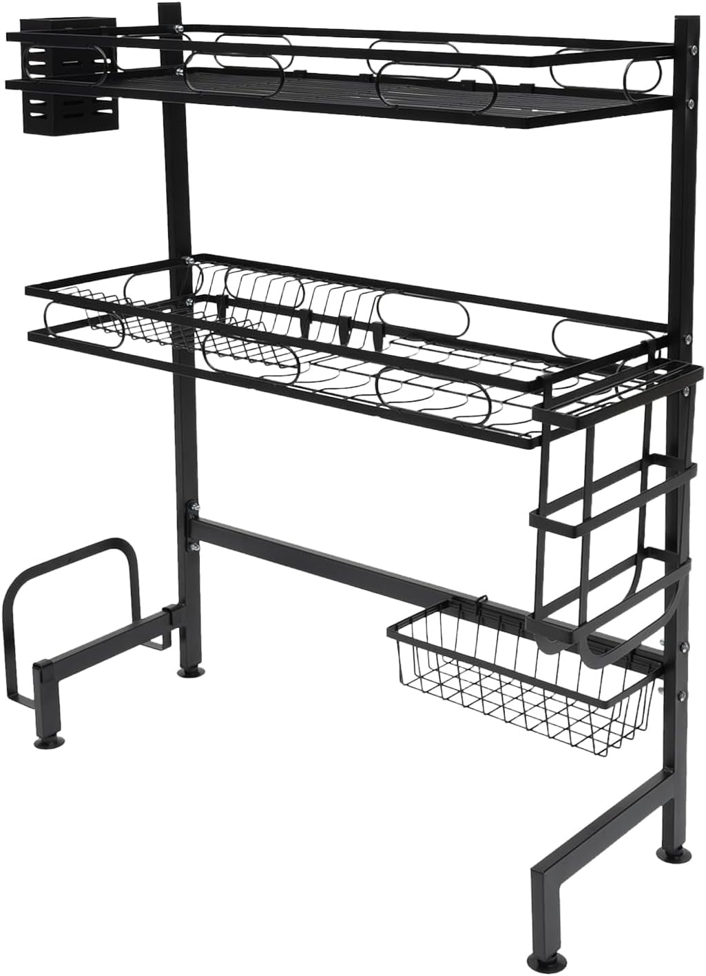 Dish Drying Rack 2-Tier Over Sink Dish Dryer Rack with Drainer 8 Hooks & Different Rack Cutlery Shelf Cup Organizing Metal Dishrack Set for Kitchen Counter