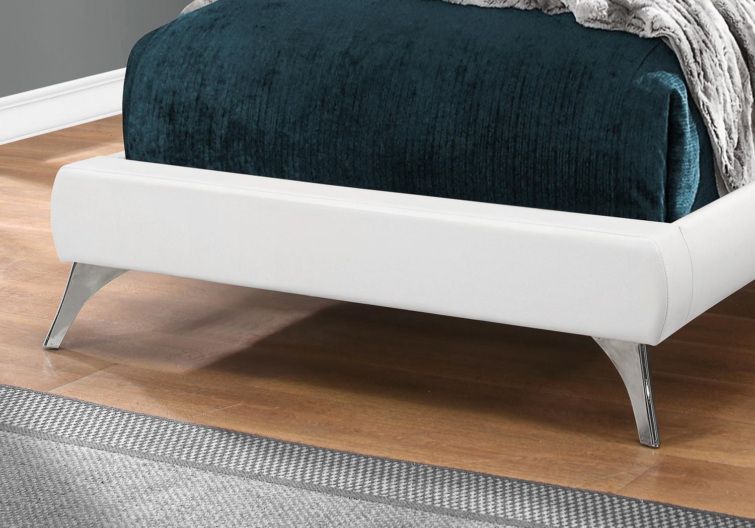 Monarch Specialties Bed, Twin Size, Platform, Teen, Frame, Upholstered, Pu Leather Look, Metal Legs, White, Chrome, Contemporary, Modern