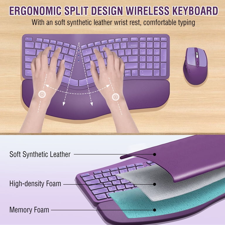 EDJO - Tastiera ergonomica wireless combinata, Bluetooth / 2,4 G a doppio canale, design diviso, poggiapolsi in morbida schiuma, mouse wireless regolabile a 4 livelli DPI, ricaricabile, per