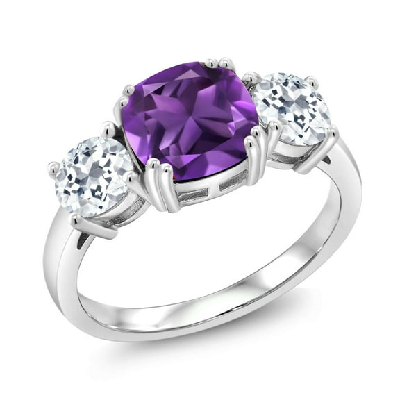 Gem Stone King 3.30 Cttw Purple Amethyst and White Topaz 3 Stone Engagement Ring for Women | 925 Sterling Silver | Gemstone February Birthstone | Cushion 8MM (Size 8)