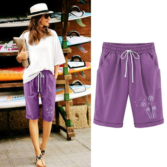 LEBONYARD Womens Shorts Clearance $5,Women's Shorts with Fun Prints,Women's Elastic Waist Printing Drawstring Shorts Purple M