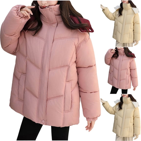 Agkizg Girls Hooded Puffer Coat Thick Warm Winter Jacket with Pockets Solid Color Casual Outerwear