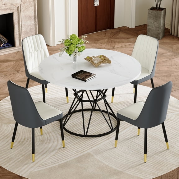 StnTalk 47" Round Dining Table Set for 4, 5 Piece Kitchen Table and Chairs, Modern Marble-Look MDF Top with Metal Base, Upholstered Chairs for Dining Room Apartment