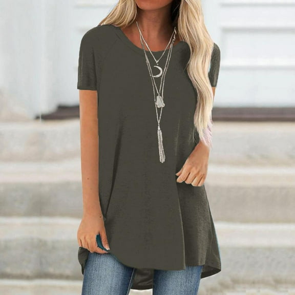 Jovati Short Sleeve Tunics for Women to Wear with Leggings Plus Size Fashion Plain Crew Neck T-Shirt Mid-Length Blouse On