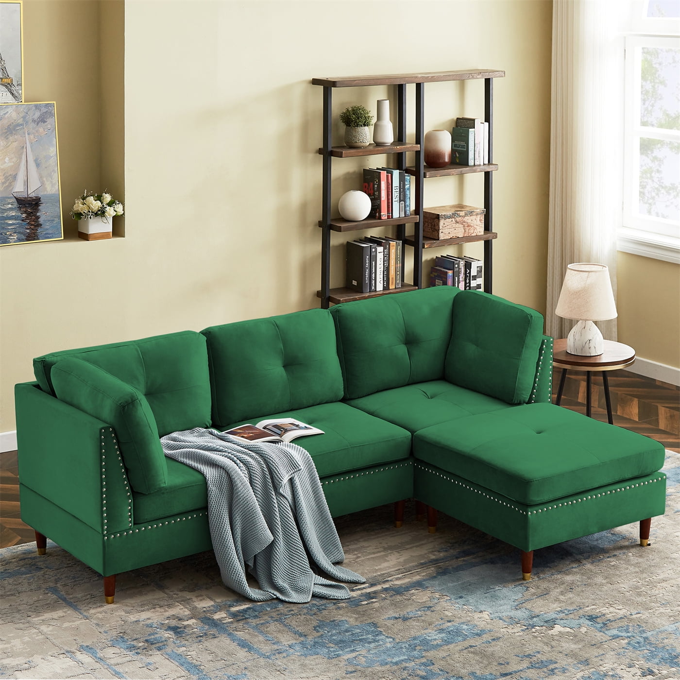 Sectional Sofa Couch with Ottoman, LShaped Couch with Nail Head Trim