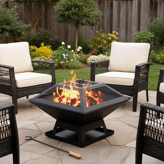 Portable Fire Pit for Outside, Seizeen Wood Burning Fire Pits 19'' Small Size, Square Firepit with Screen Cover, Fire Bowls with Ash Tray, Poker