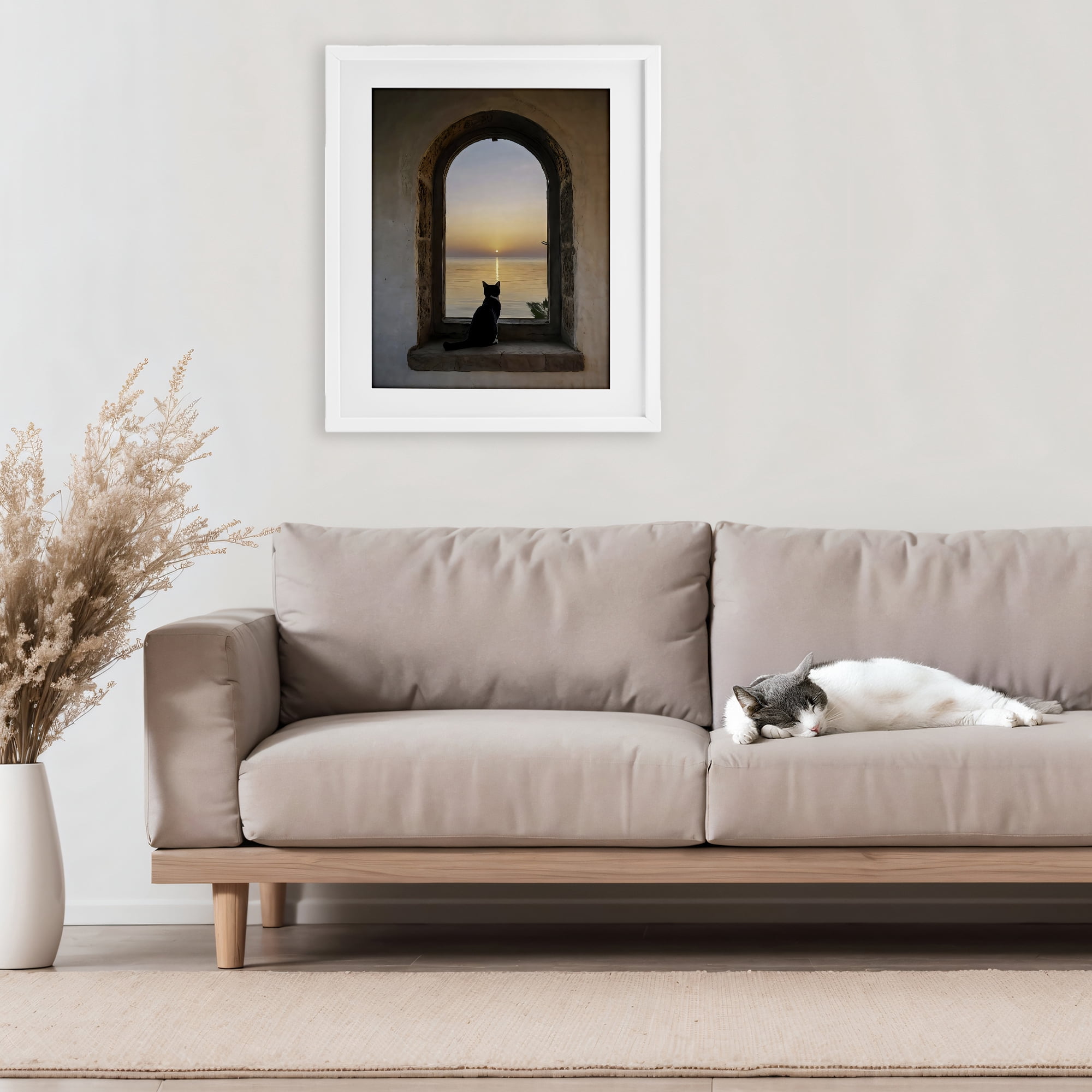 Stupell Industries Cat Overlooking Water at Sunset White Framed Print Under Glass, design by Creative Studio