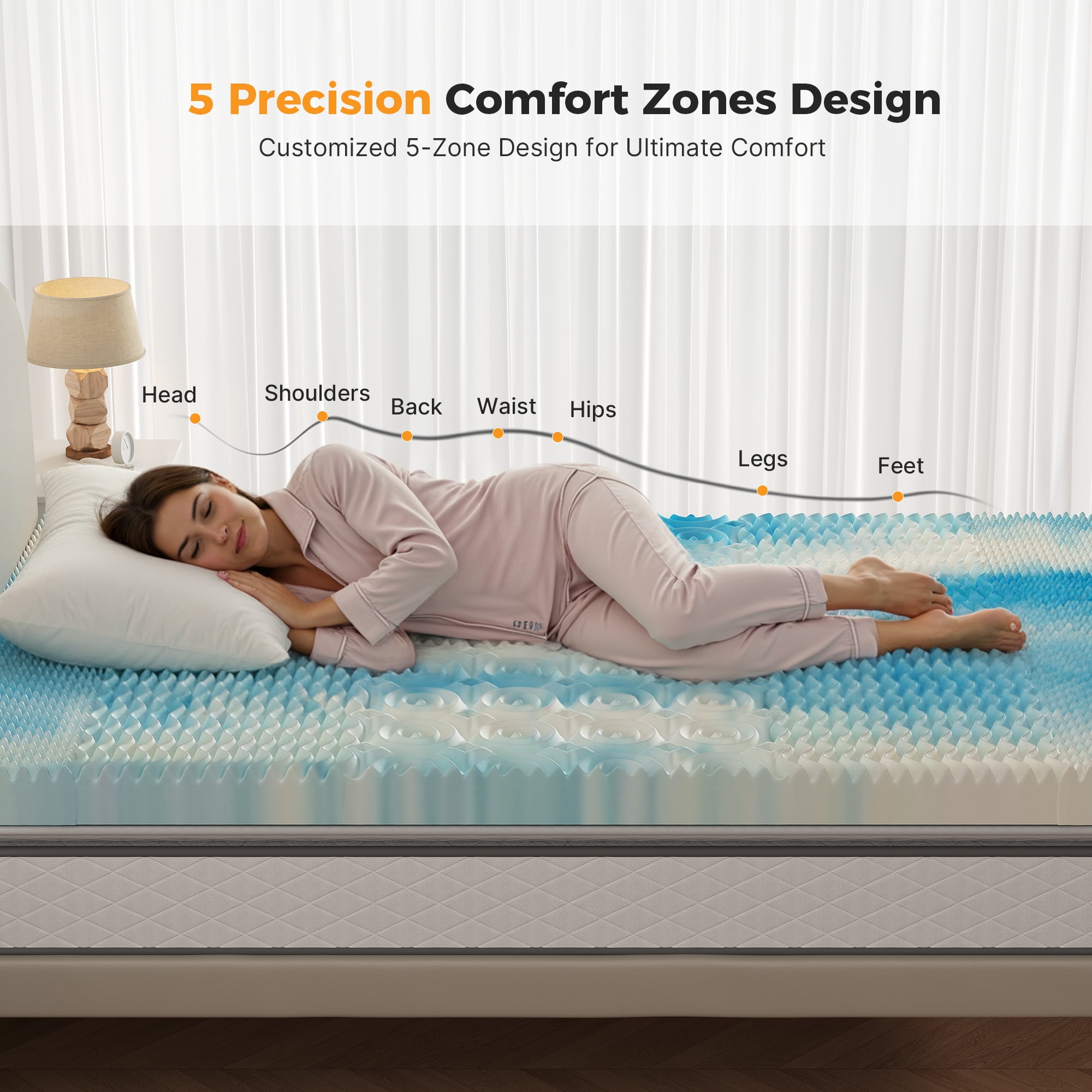 Gianna Mattress Topper, 4 Inch Cooling Gel Memory Foam with 6-Zone Support, CertiPUR-US Certified Bed Pad for Pressure Relief and Spinal Alignment
